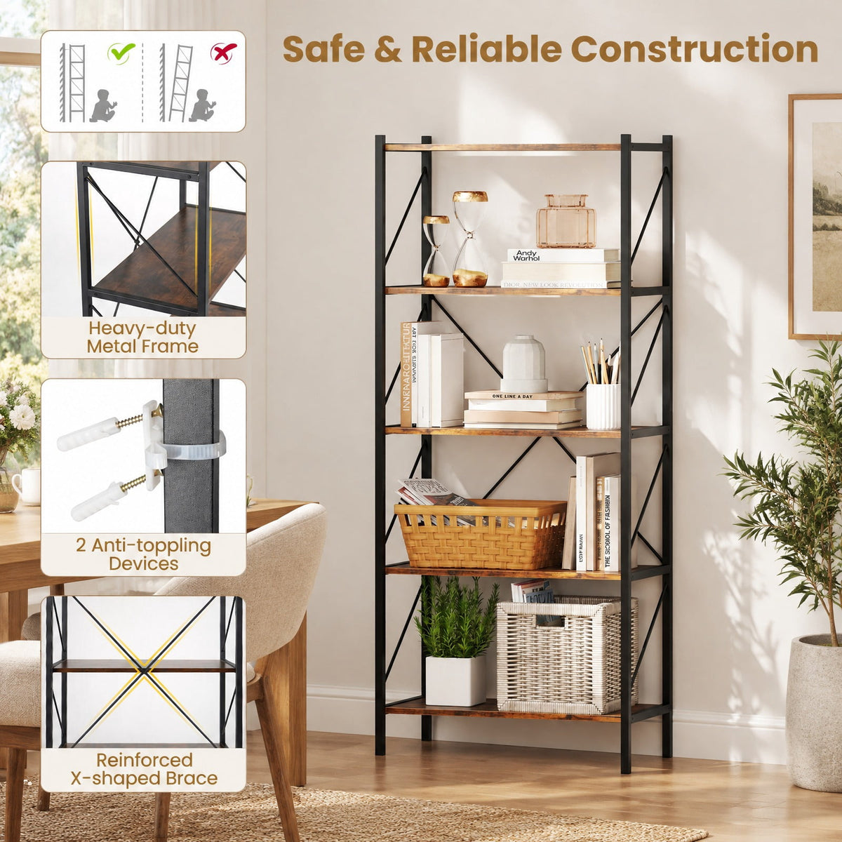Airfind 5-Tier Bookshelf with Open Shelves and Heavy Duty Metal Frame, 220 lbs Capacity, Metal Engineered Wood Frame, Brown