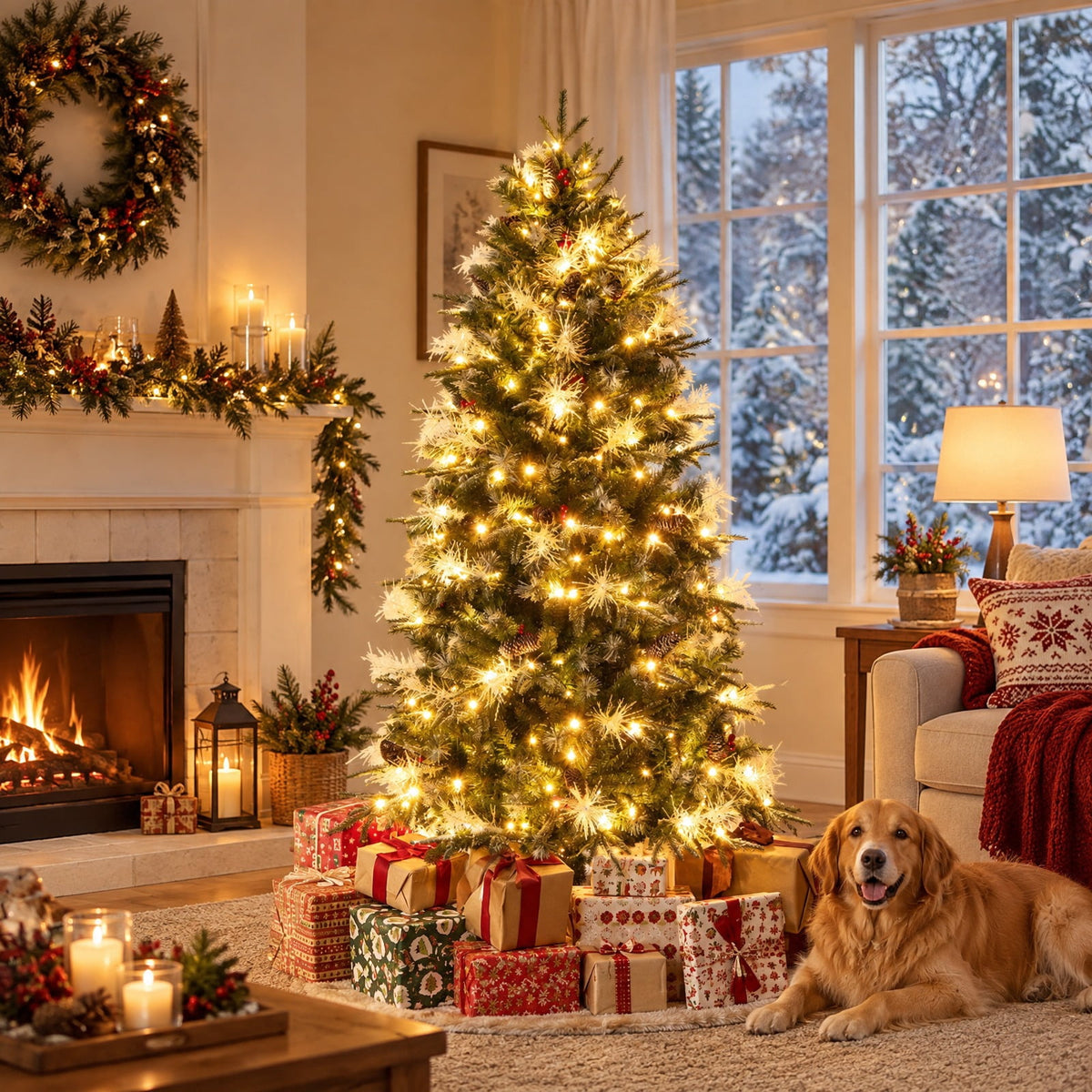 Airfind 6 Feet Pre-Lit Artificial Christmas Tree with 8 Modes LED Lights with Berries, PVC PE PET Metal 5 Feet Frame, 3 x 5 ft Footprint, Green