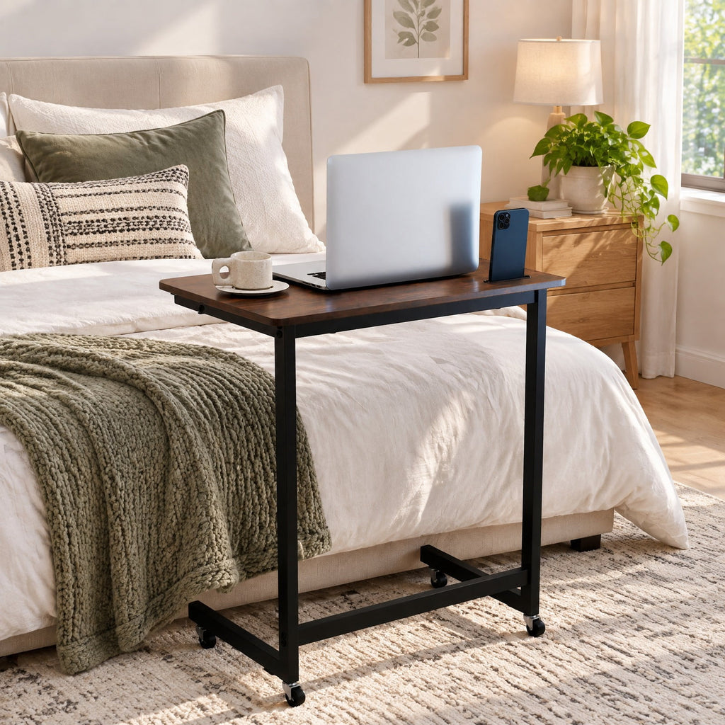 Airfind C-shaped End Table with Wheels Mobile Bedside Table with Built-in Phone Slot, 80 lbs Capacity, Engineered Wood Metal Frame, Brown