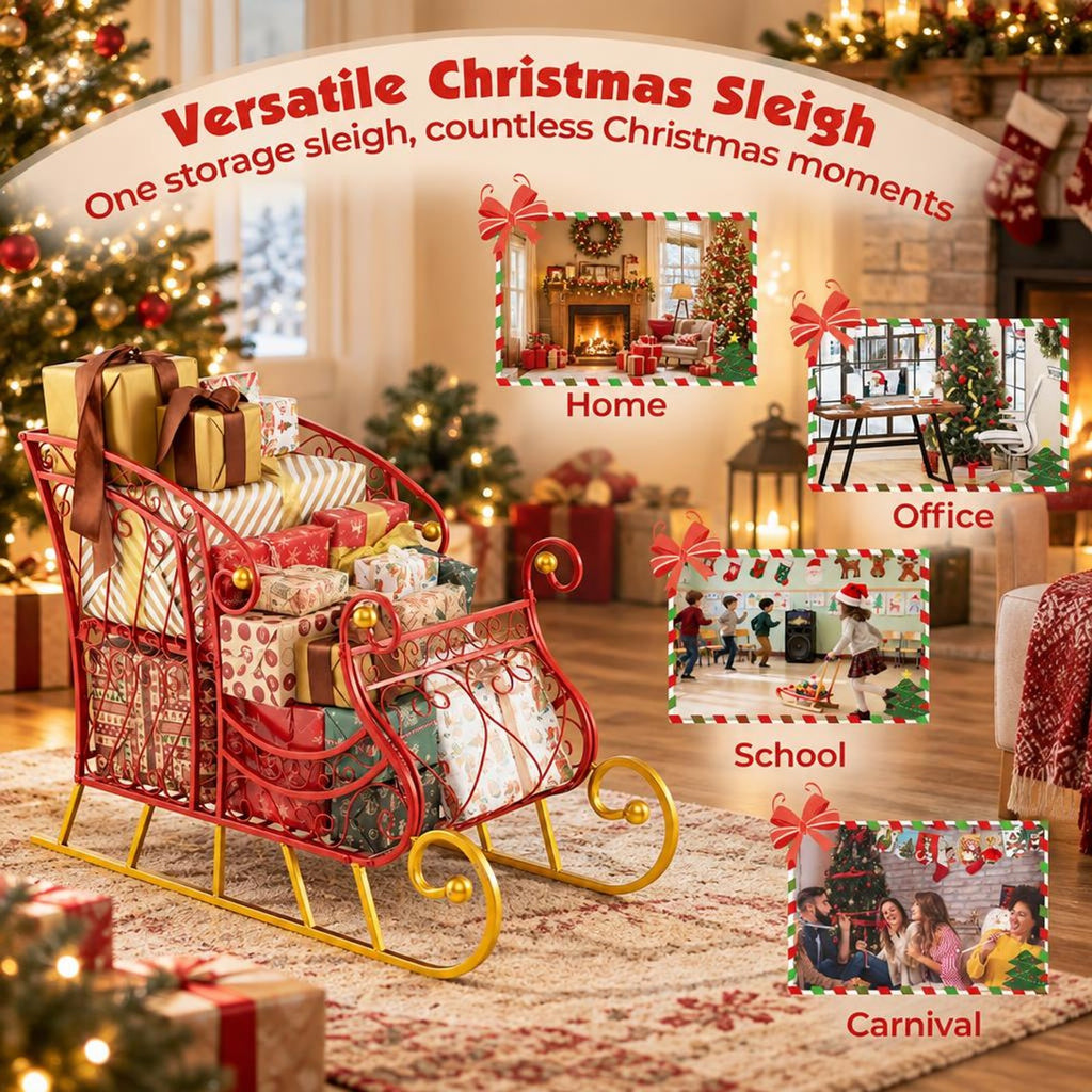 Airfind Metal Christmas Santa Sleigh Basket 2-Tier Xmas Santas Gift Storage Sleigh, 33 Lbs Capacity, Metal, 33.5 Inch X 16.5 Inch X 24.5 Inch, Red