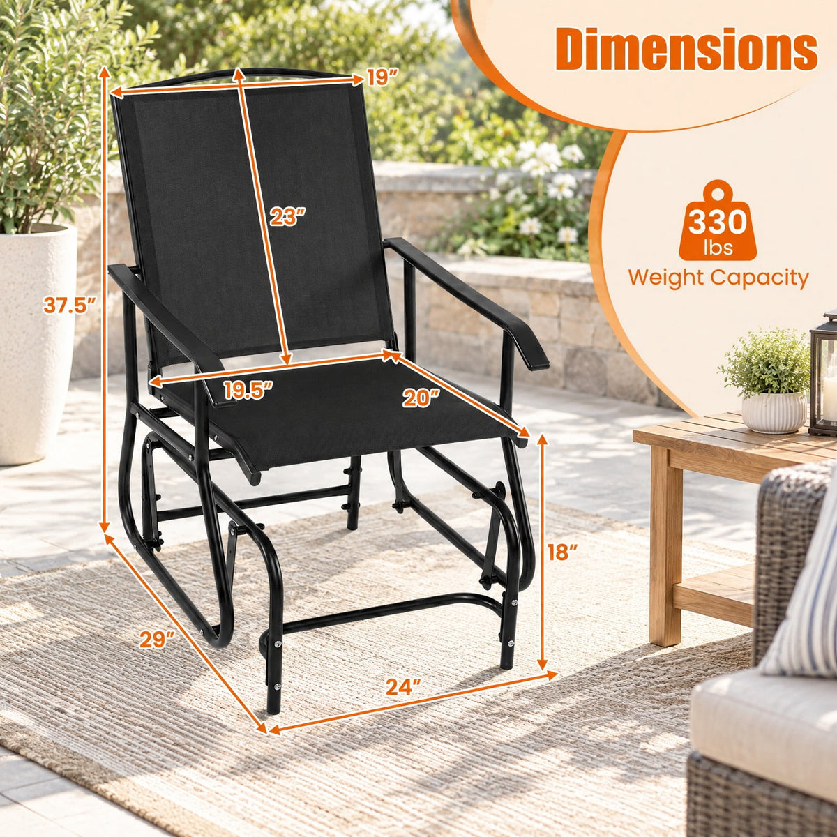 Airfind Outdoor Glider Chair with Metal Frame and Armrests, 330 lbs Capacity, Fabric Metal Frame, 24 x 29 x 37.5 Footprint, Black