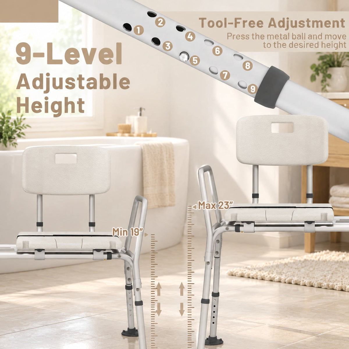 Airfind Sliding Tub Transfer Bench with Extra, 350 lbs Capacity, Aluminum Frame, 41.5 x 19.5 x 33.5-37.5 Footprint, White