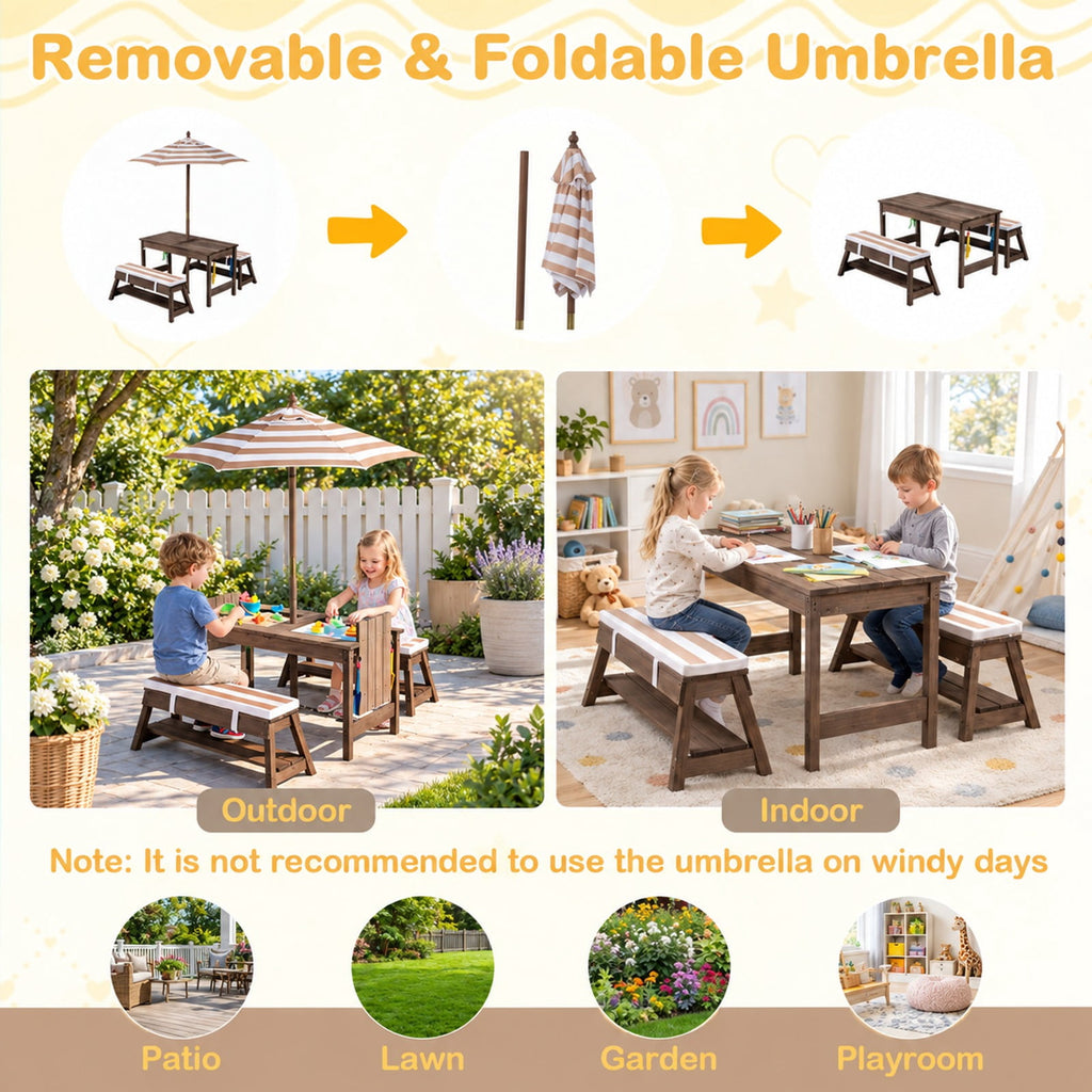 Airfind Outdoor Kids Wooden Picnic Table and Benches Set with Umbrella, 110 lbs Capacity, Fir Wood Nylon Fabric Sponge PP Frame, for 3+ Years Old