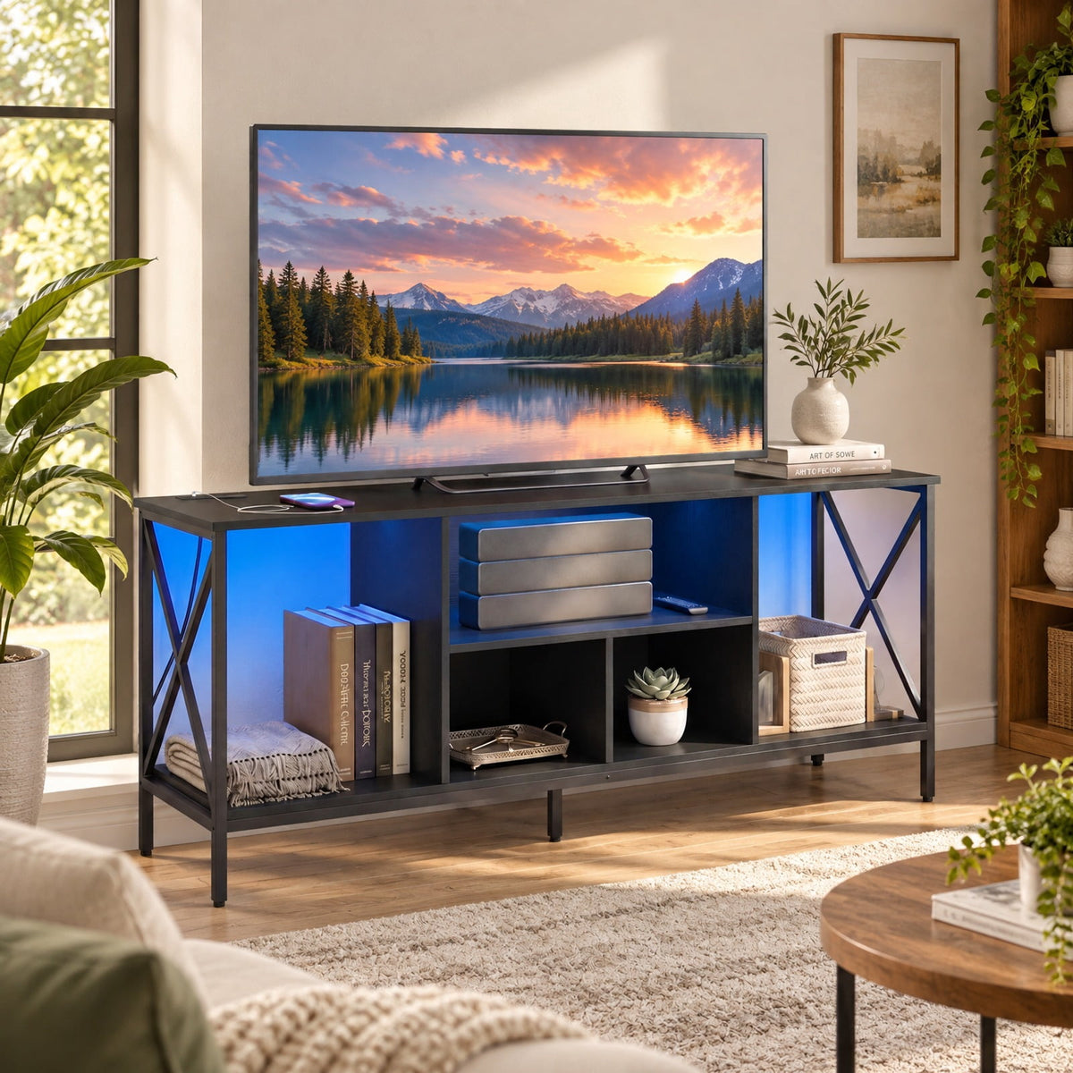 Airfind TV Stand with LED Lights for 65 Inch TV Entertainment Center with Power Outlets, 132 lbs Capacity, Metal Engineered Wood MDF Frame, Black