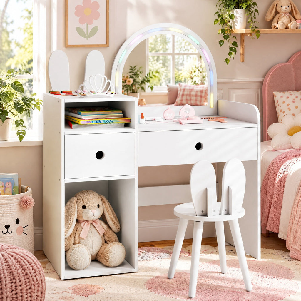 Airfind Kids Vanity Desk and Chair Set with Lights Open Shelves, 110 lbs Capacity, MDF Frame, 31.5 x 15.5 x 37.5 Tabletop Footprint, White