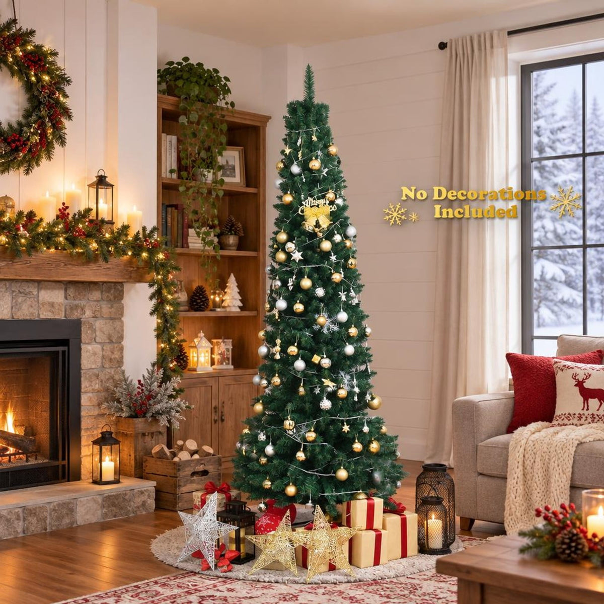 Airfind PVC Artificial Slim Pencil Christmas Tree-7 Feet, PVC iron 5 Ft: Frame, 2ft x 5ft Footprint, Green