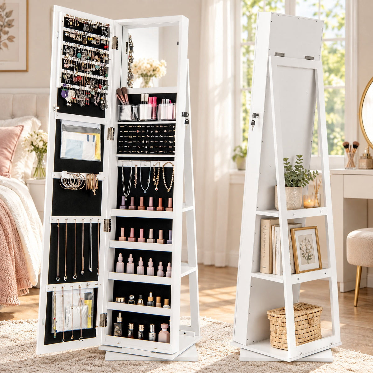 Airfind 360° Swivel Jewelry Armoire Standing Jewelry Organizer with Full Length Mirror and Back Shelves, MDF Glass Frame, White