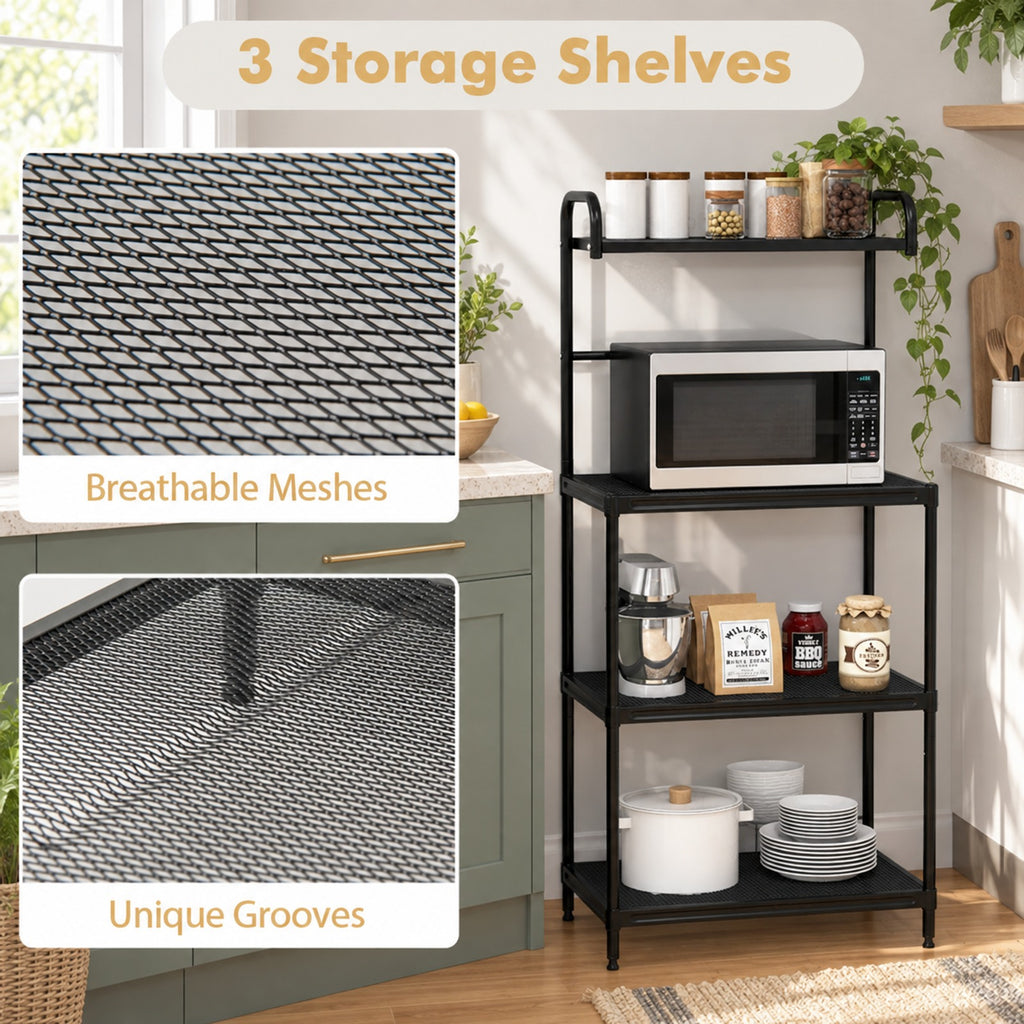 Airfind 4-Tier Kitchen Microwave Storage Rack with Metal Shelves, 55 lbs Capacity, Iron Frame, 23.5 x 13.5 x 53.5 Footprint, Black