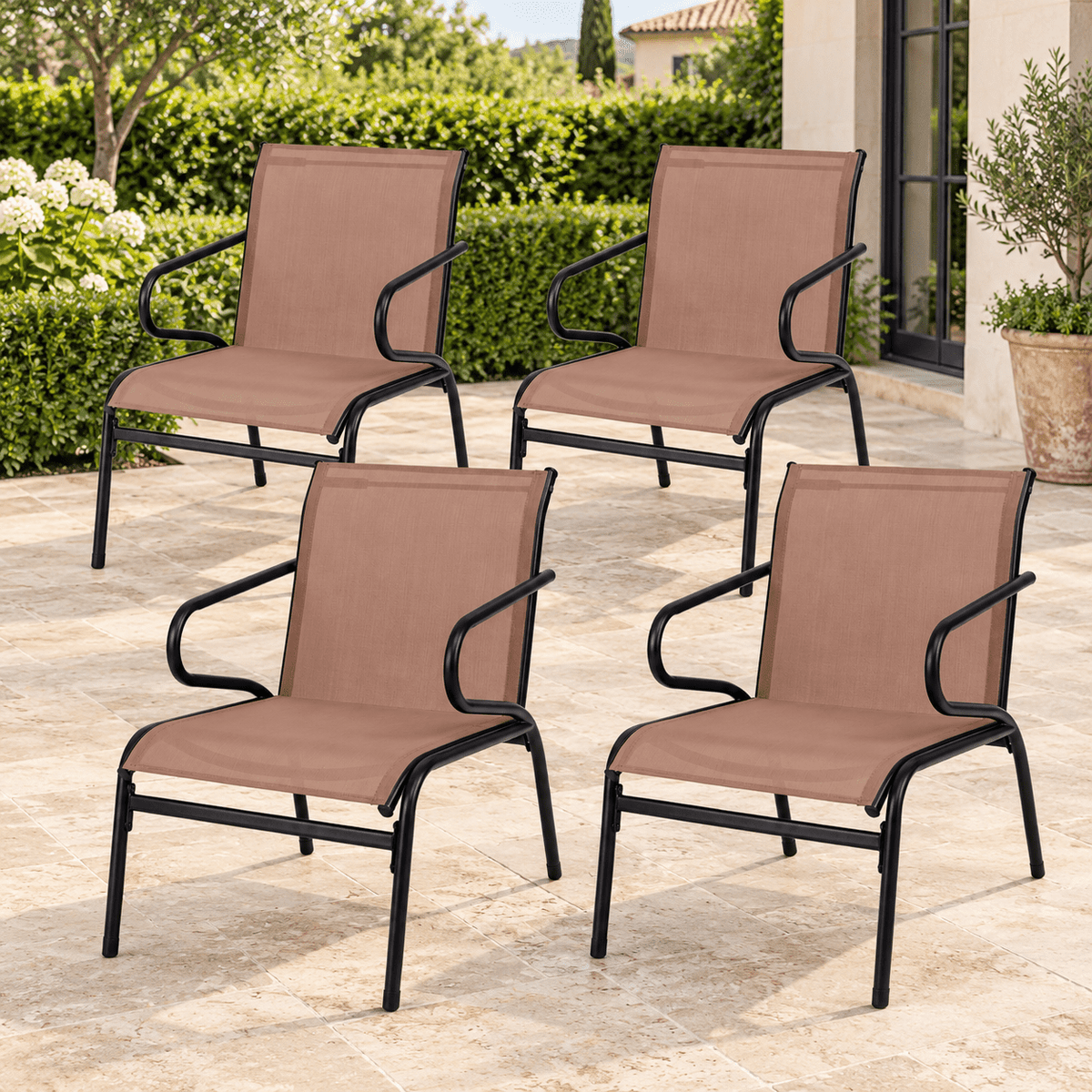 AIRFIND Patio Chairs Set of 4 with Fabric Seats, Curved Armrests, Metal Frames and Non-Slip Foot Pads, 330 lb Capacity Each, Coffee and Black