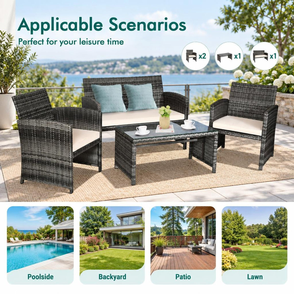 Airfind 4 Pcs Patio Rattan Furniture Set Top Sofa With Glass Table, PE Rattan Polyester Fiber Steel Sponge Single Sofa Frame, White