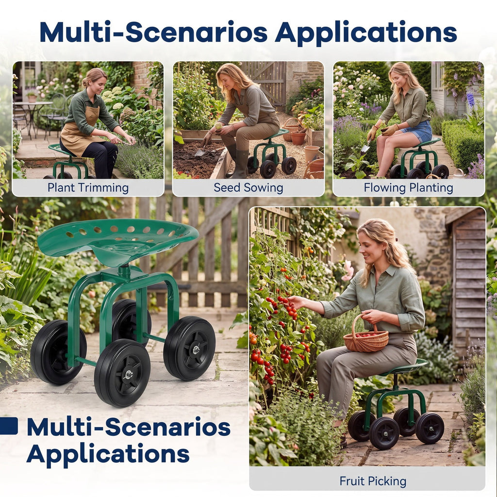 AIRFIND Rolling Garden Work Stool with 360-Degree Swivel Seat, Adjustable 16-19 in Height, 7 in Wheels and 330 lb Capacity, Green