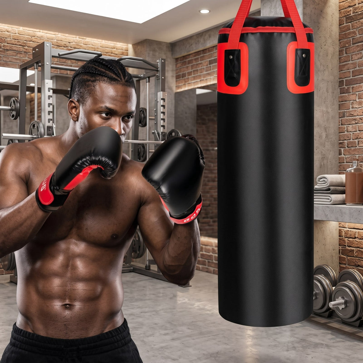 Airfind 56 Pound Filled Hanging Punching Bag Set for Adults with Hand Wraps and Boxing Gloves for Home Boxing Training, Black