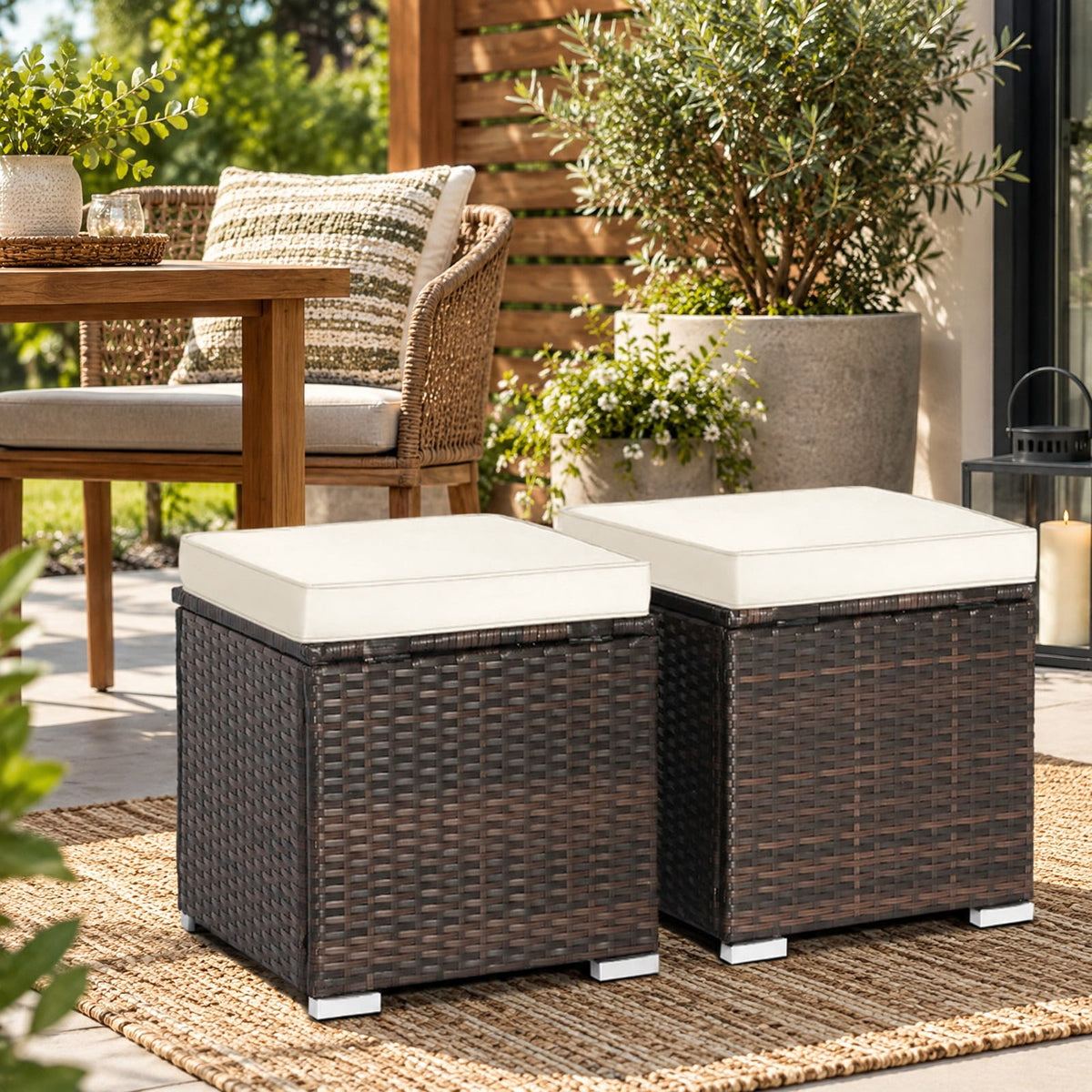 Airfind 2 Pieces Patio Ottoman with Removable Cushions, 350 lbs Capacity, Metal PE Rattan Sponge Polyester Frame, 16 x 16 x 15.5 Footprint, Brown