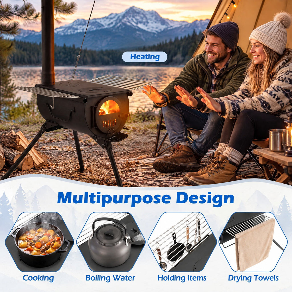 Airfind Hot Tent Stove with Chimney Pipes and Foldable Legs for Outdoor Heating, Carbon Steel Stainless Steel Frame, 33 Inch x 23 Inch x 93 Inch Footprint, Black