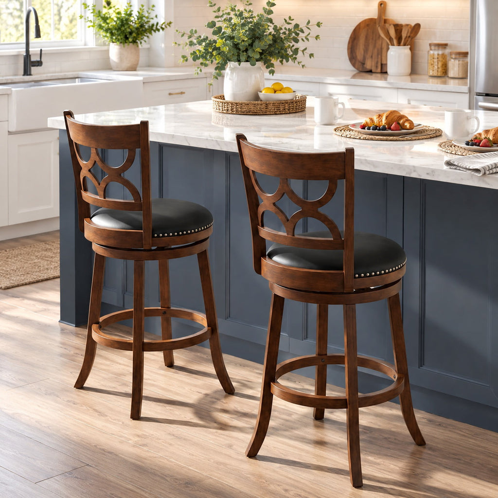 Airfind Swivel Bar Stools Set of 2 with High Backrest and Wood Frame-29 Inches, 330 lbs Capacity, Rubber Wood PVC Leather Sponge Frame, Expresso