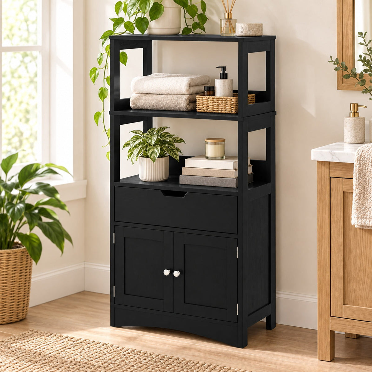 Airfind Bathroom Storage Cabinet with Open Shelves and Drawer, 110 lbs Capacity, Engineered Wood Frame, 24in x 13in x 48in Footprint, Black