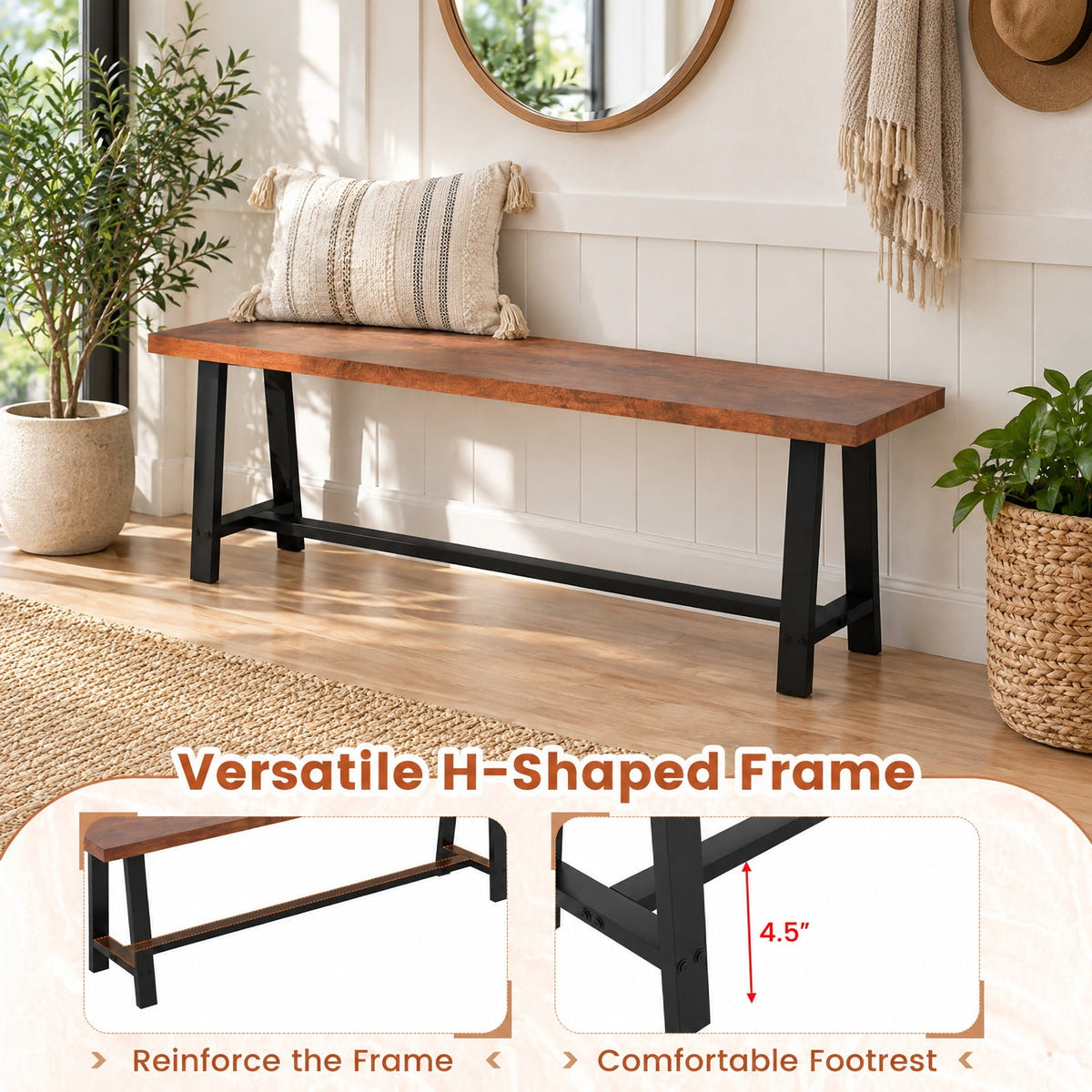 Airfind 60 Inch Dining Bench 3 Person Entryway Shoe Bench with Metal Frame-60 inches, 440 lbs Capacity, MDF Metal Frame, Walnut