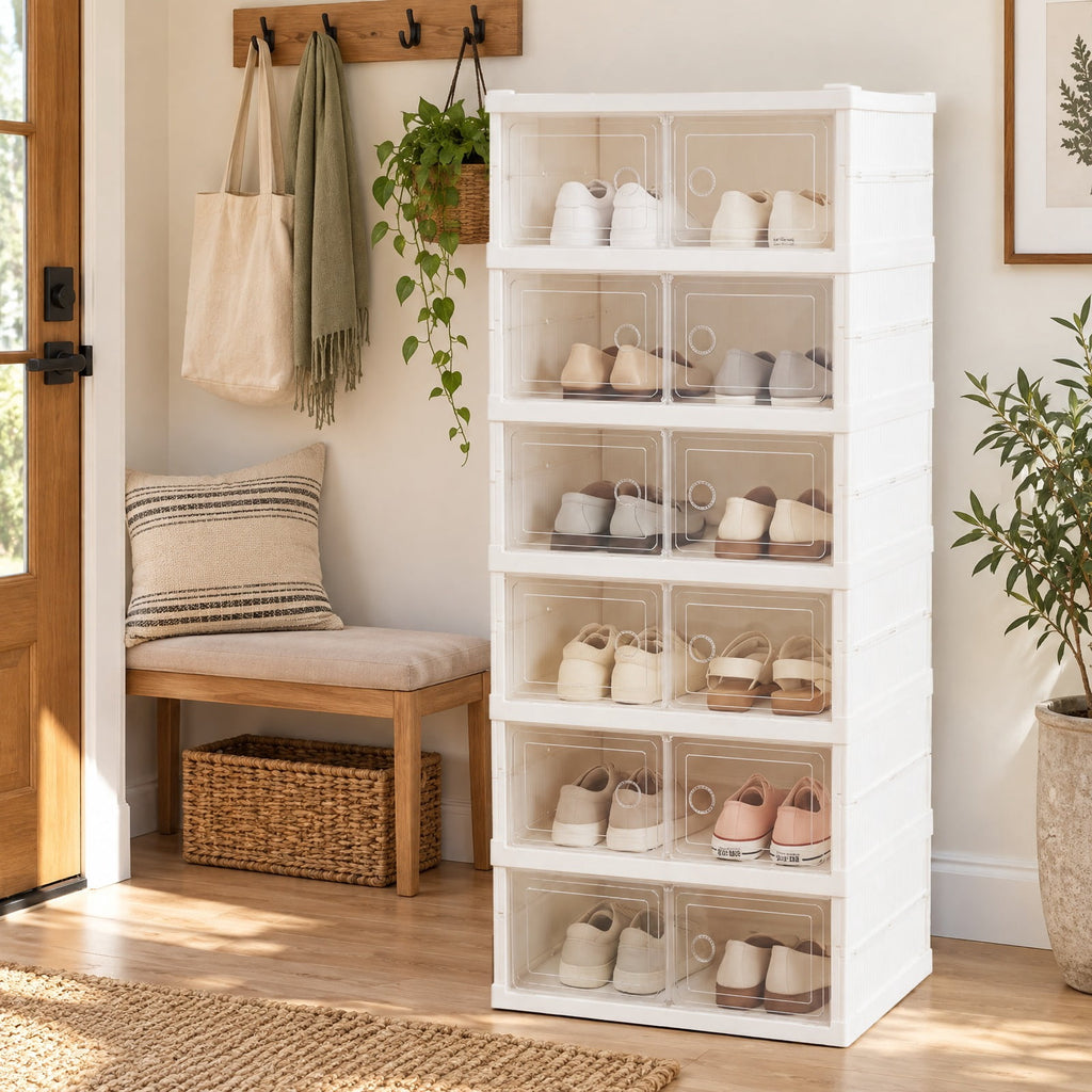 Airfind 6-Tier Shoe Organizer with Clear Doors and Portable Design for 12 Pairs, PP Frame, 17.5in x 13.5in x 42.5in Footprint, White