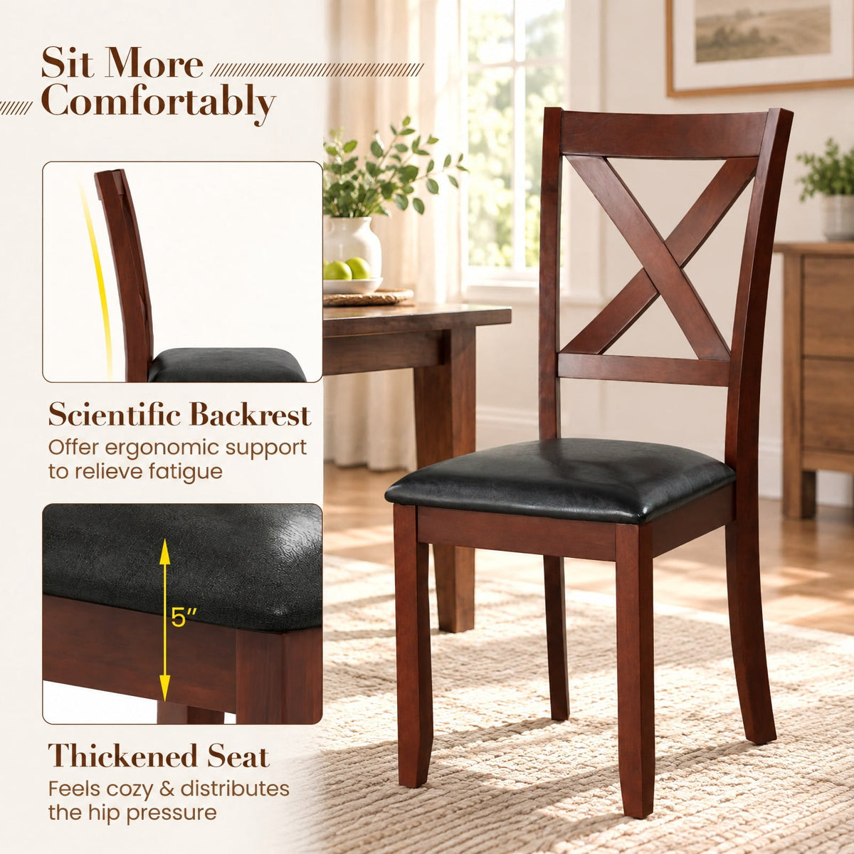 Airfind Set of 2 Wooden Kitchen Dining Chair with Padded Seat and Rubber Wood Legs, Capacity 355 lbs Capacity, 18 x 22 x 39 Footprint, Black