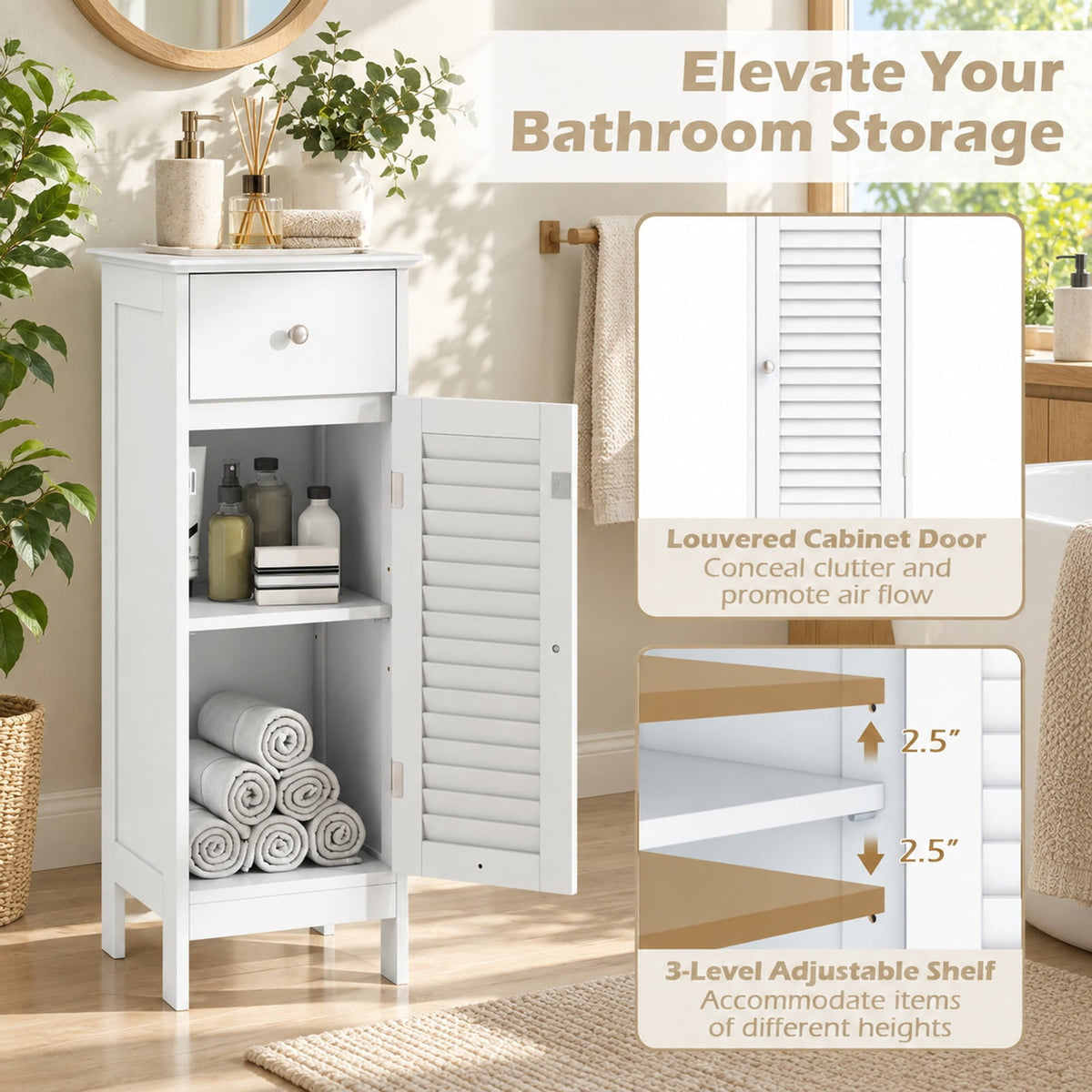Airfind Narrow Bathroom Storage Cabinet with Adjustable Shelf and Drawer, 13in x 12in x 34.5inOverall Interior Footprint, White