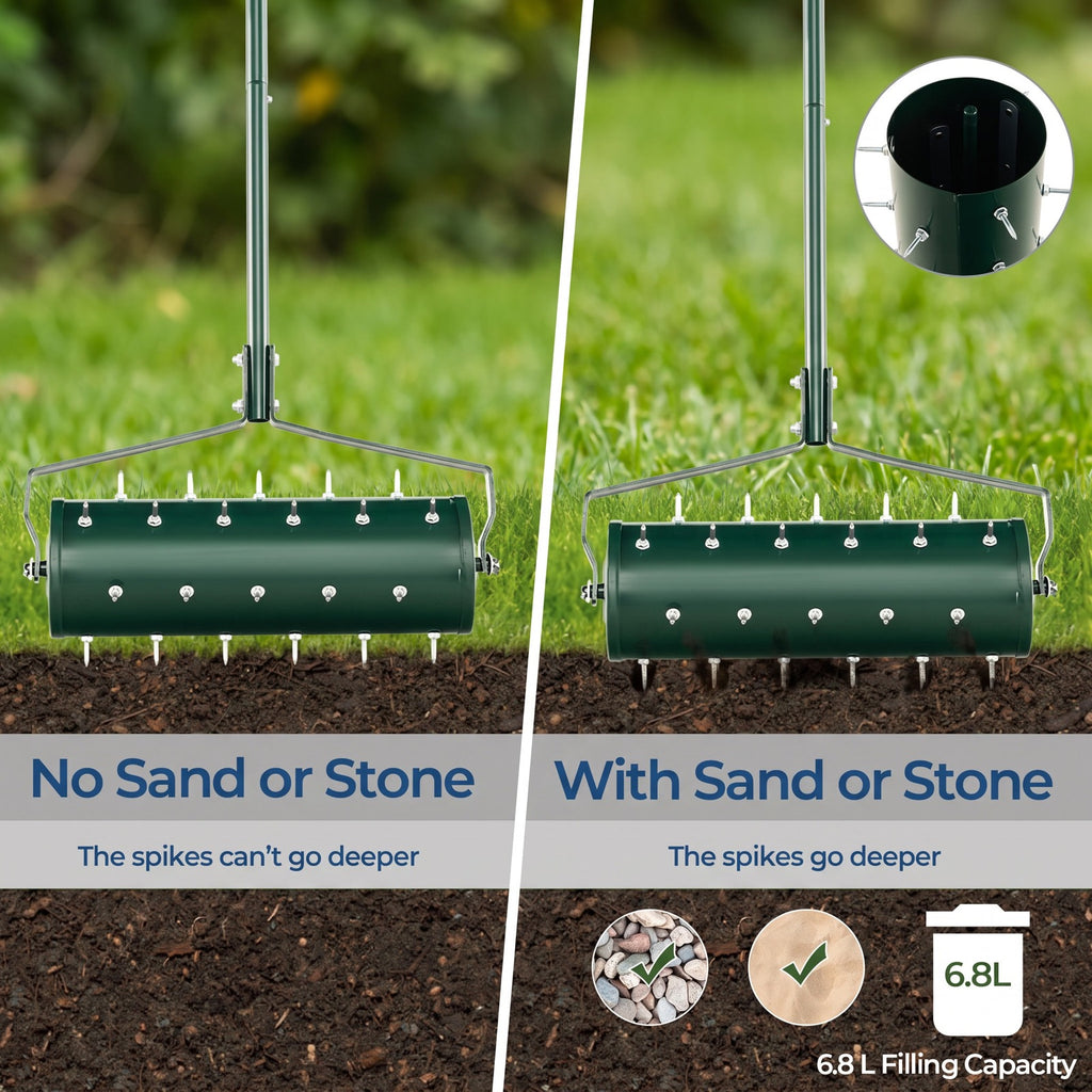 Airfind 18/21 Inch Manual Lawn Aerator with Detachable Handle Filled with Sand or Stone-21 inches, Galvanized Steel Metal PP Frame, Green