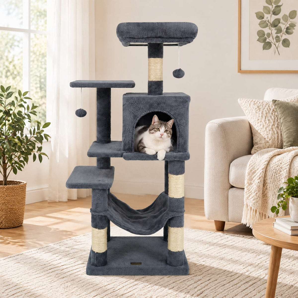 Airfind Multi-Level Cat Tower with 2-Door Condo and Padded Top Perch, PP Cotton Fabric Sisal Engineered Wood Overall Height 44 Base Frame, Gray