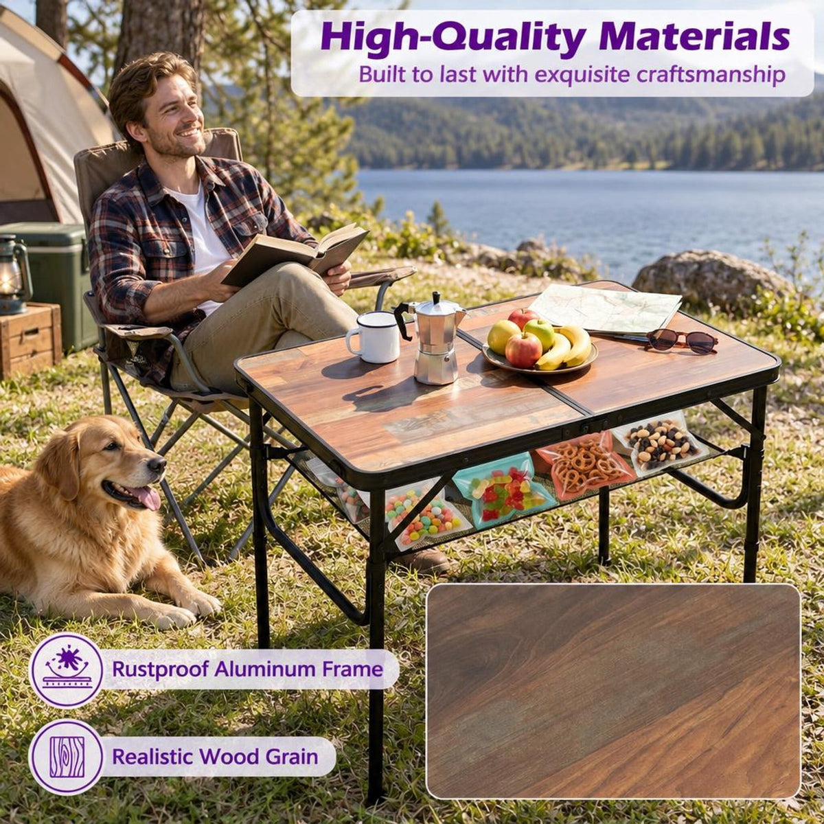 Airfind Folding Camping Table with Adjustable Heights Storage Net and Handle-Black and Brown, 135 lbs Capacity, 37 Inch x 24 Inch x 16 Inch Footprint, Black
