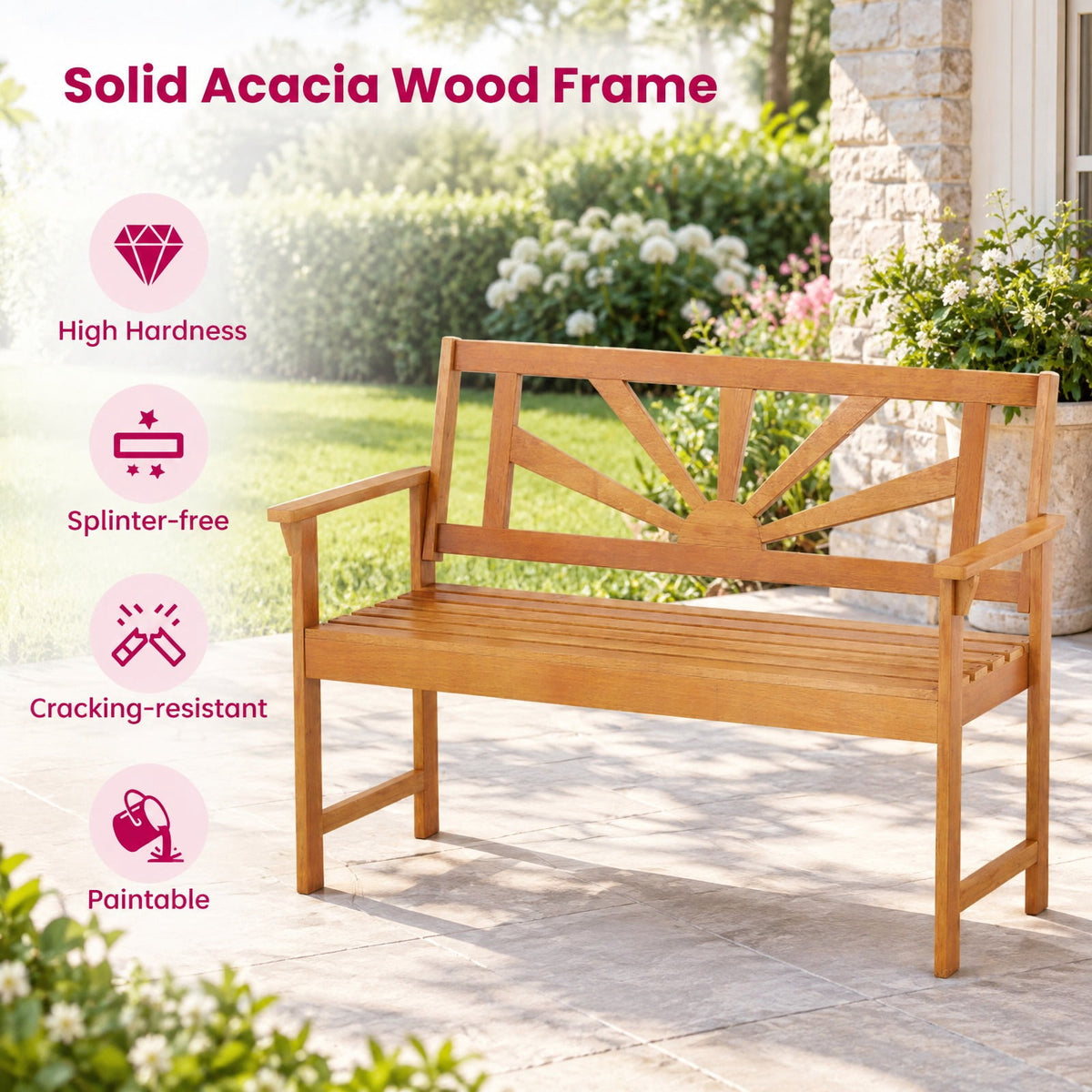 AIRFIND Outdoor Bench 47 inch Acacia Wood 2-Seater Patio Loveseat with Slatted Seat, Sunburst Backrest and Armrests, 800 lb Capacity, Natural