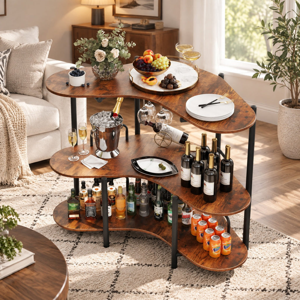Airfind 3-Tier Liquor Bar Table with Stemware Racks and Storage Shelves, 200 lbs Capacity, Engineered Wood Metal Frame, 48 x 26 x 40 Footprint
