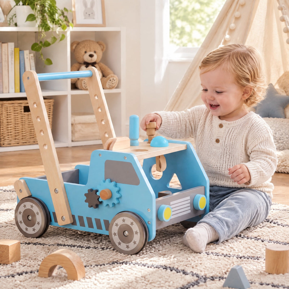 Airfind 2-in-1 Wooden Baby Walker with Adjustable Speed and Bottom Storage, MDF Frame, for 3+ Years Old, 16in x 12.5in x 16.5in Footprint, Blue