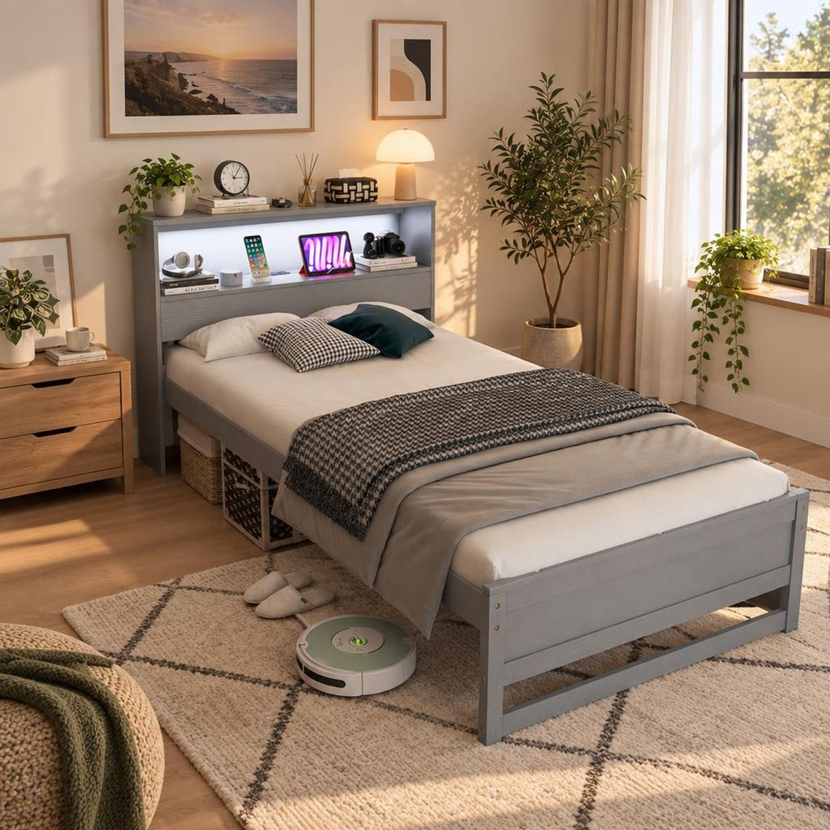 Airfind Twin Size Bed Frame with Storage Headboard and Charging Station, 200 lbs Capacity, Plywood Pine Wood MDF Engineered Wood Frame, Gray