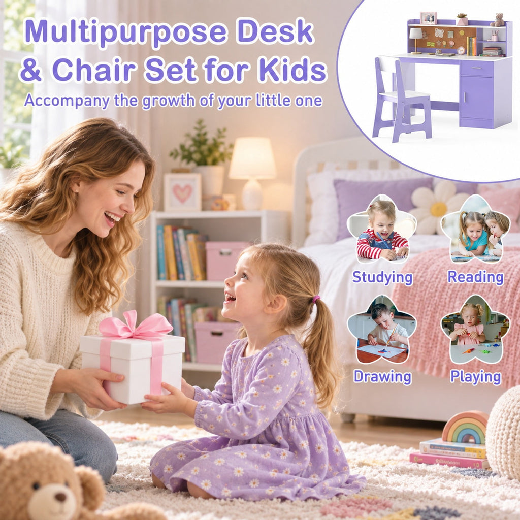 Airfind Youth Study Desk and Chair Set Student Table and Chair, 132 Lbs Capacity, Mdf, for 3 and Years Old, 43 Inch X 19 Inch X 39.5 Inch, Purple