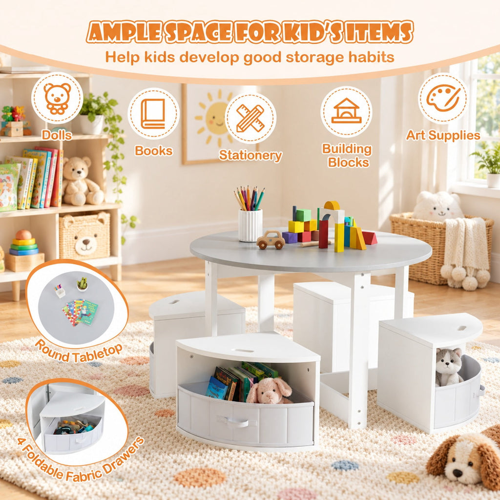 Airfind Youth Round Nesting Table, 5 Piece, with 4 Storage Stools for Activity, 110 lbs Capacity, MDF Frame, for 3+ years old, Gray