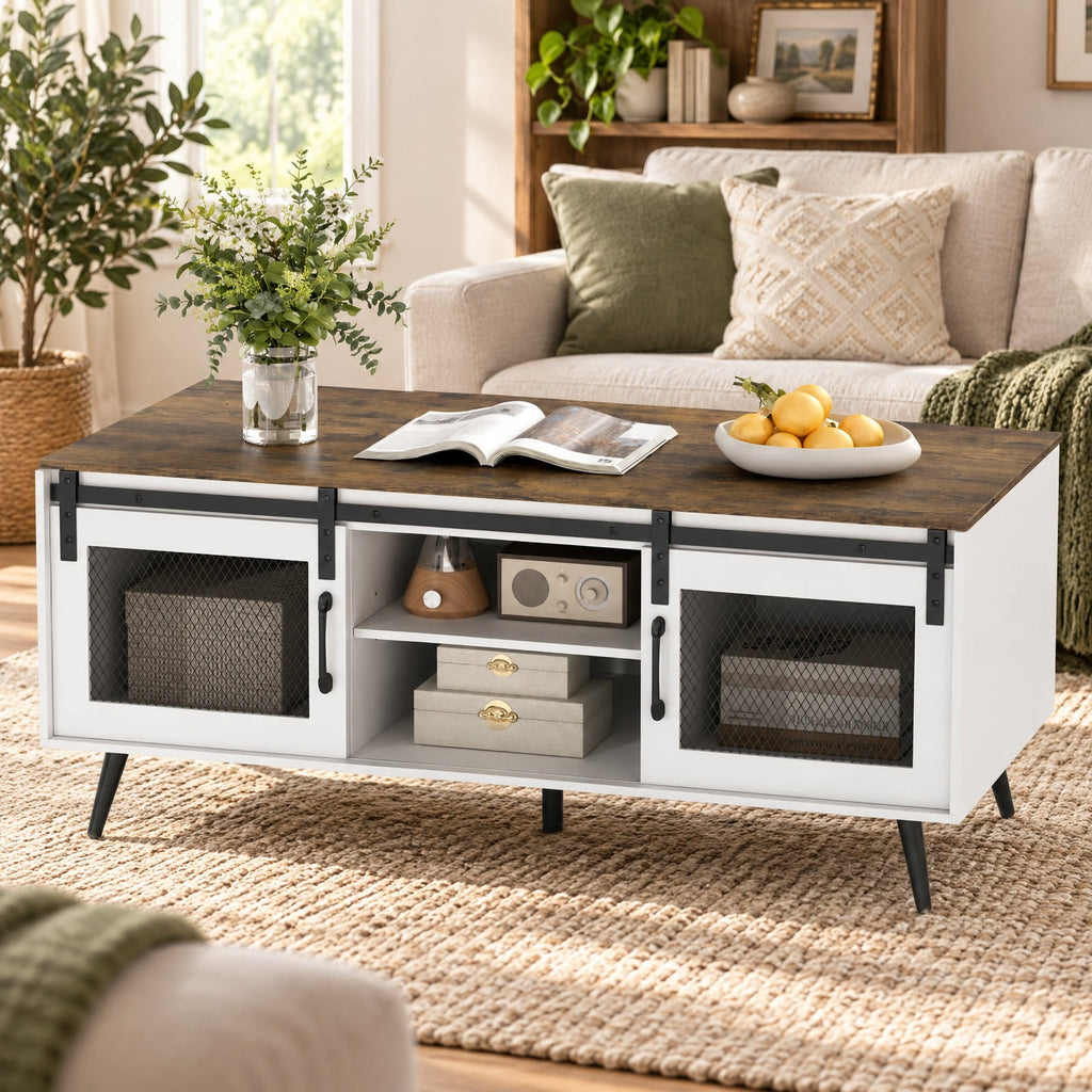 Airfind Farmhouse Coffee Table with Sliding Doors Rectangular with Adjustable Shelf, 100 Lbs Capacity, Engineered Wood Metal, Coffee