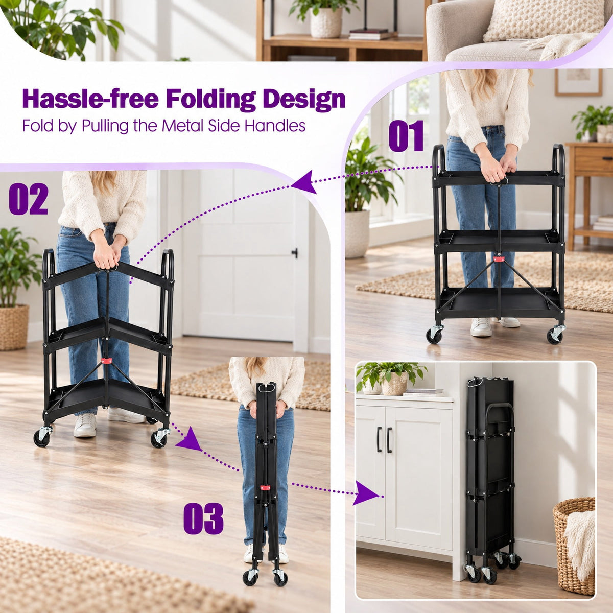 Airfind 3-Tier Folding Trolley Cart with Universal Wheels Heavy Duty for Warehouse, 33 lbs Capacity, Metal Frame, 24 x 16 x 38.5 Footprint, Black
