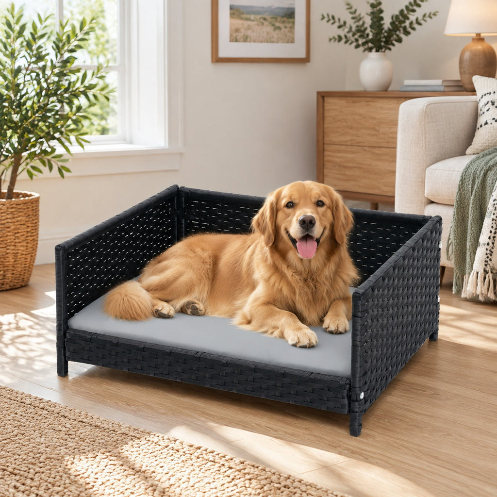 Airfind Rattan Dog Bed with Waterproof Soft Cushion for Medium Small Dogs Cats, 66 lbs Capacity, 24.5in x 18in x 10in Footprint, Gray