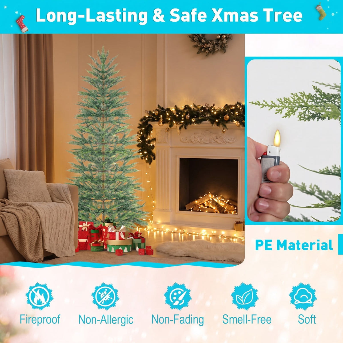 Airfind 6.5/7.5 Feet Artificial Cypress Christmas Tree Pre-lit Hinged-7.5 ft, PE Metal Tree Height 6.5 ft/7.5 ft Tree Width 4 ft Frame, Green