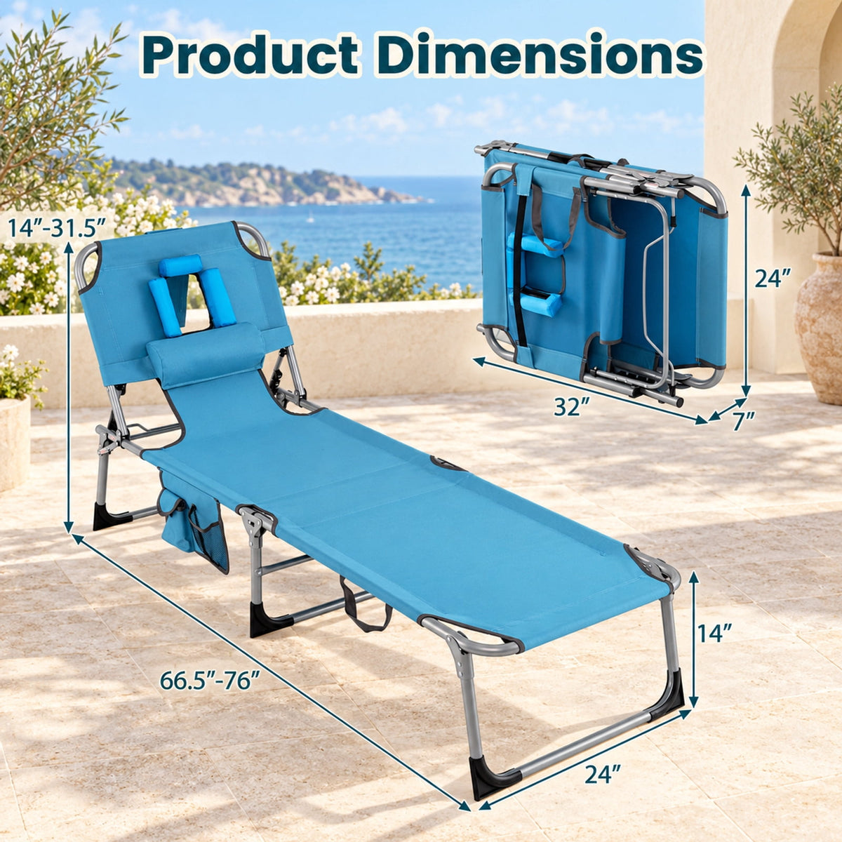 Airfind Set of 2 Tanning Chair Portable Chaise Lounge Chair with 4-Position Adjustable Backrest, 330 lbs Capacity, Navy