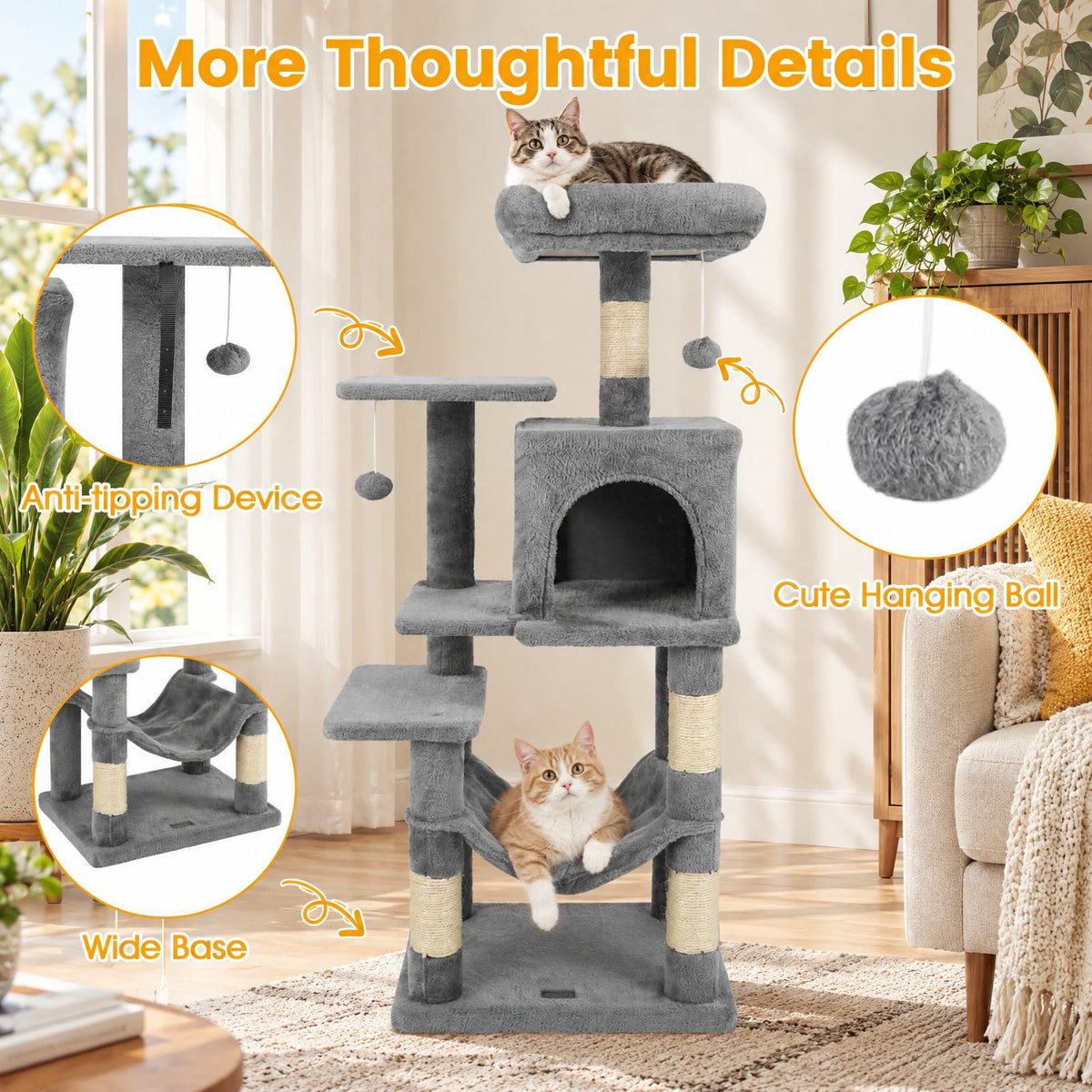 Airfind Multi-Level Cat Tower with 2-Door Condo and Padded Top Perch, PP Cotton Fabric Sisal Engineered Wood Overall Height 44 Base Frame