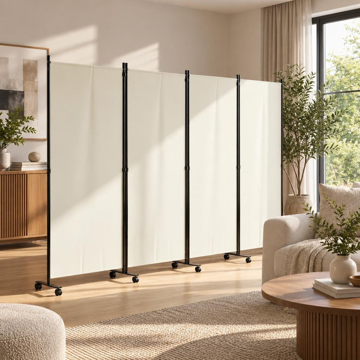 Airfind 4 Panel Folding Privacy Screen Room Divider with Wheels, Polyester Fabric Metal PP Frame, 137 x 12 x 71.5 Footprint, White