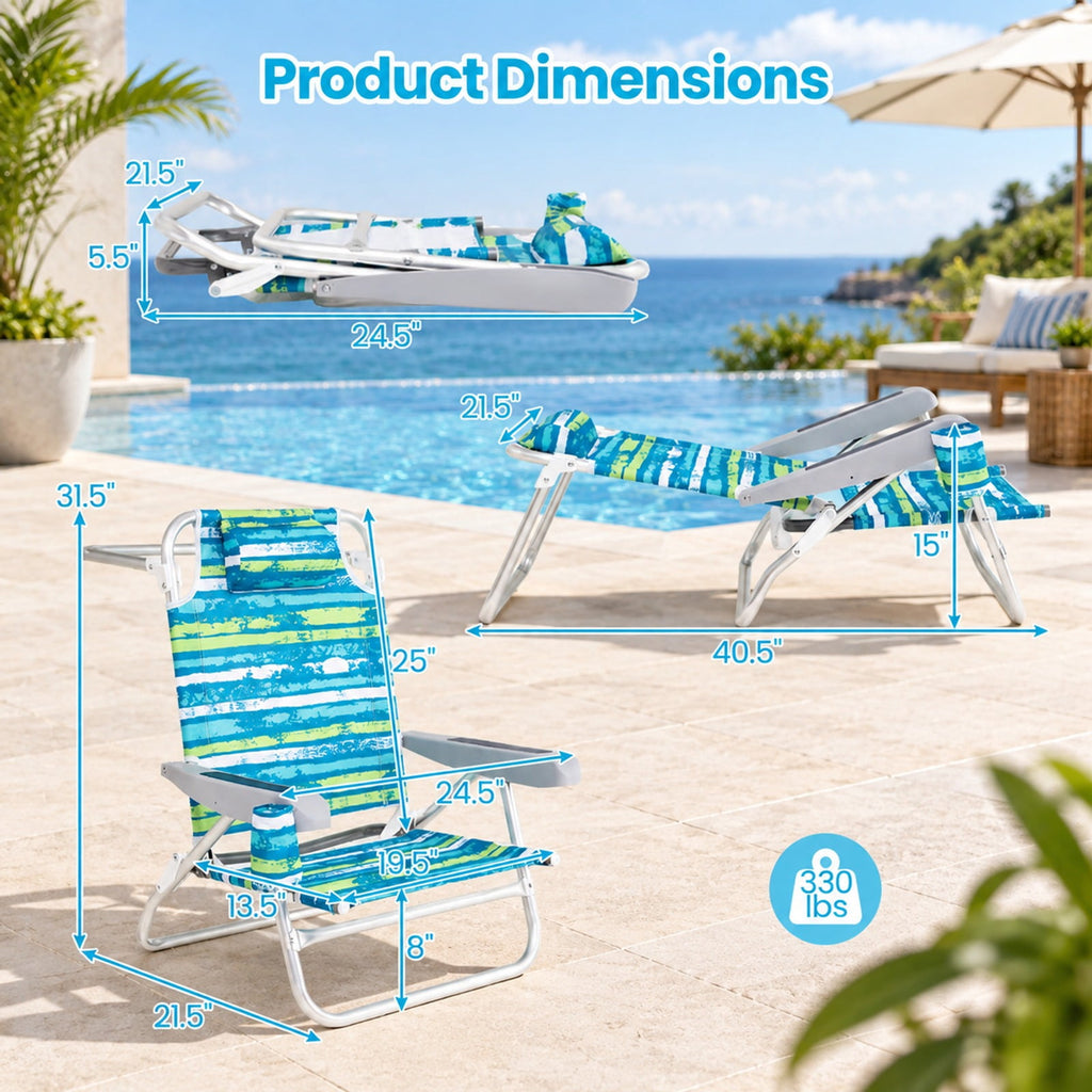 Airfind 2 Pack Folding Beach Chair with Adjustable Positions and Head Pillow, Metal Oxford Fabric Aluminum Frame, Green