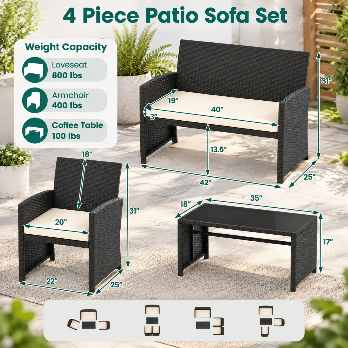 Airfind 4 Pieces Patio Furniture Set with Tempered Glass Tabletop and Removable Cushion, 400 lbs Capacity, Rattan Steel Sponge Frame, White