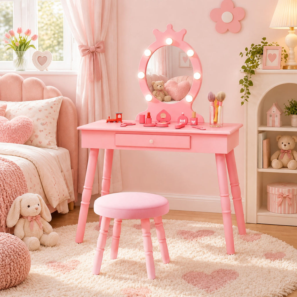 Airfind Kids Vanity Set with Lighted Mirror with Adjustable Brightness and Large Drawer, 110 lbs Capacity, MDF Frame, for 3-7 Years Old, Pink