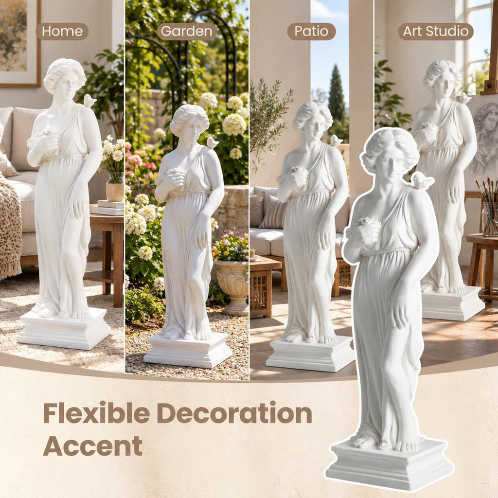 Airfind 31.5 Inch Outdoor Greek, Goddess Statue with Antique Finish and Column Base, Magnesium Oxide Fiber Filaments Frame, 9 Inch x 8 Inch x 31.5 Inch, White