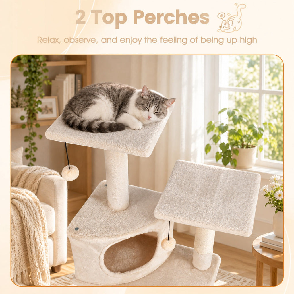 Airfind 44 Inch Tall Kitten Tower with Condo and 2 Plush Perches, 22 lbs Capacity, Engineered Wood Sponge Plush Fabric Sisal Frame, Beige