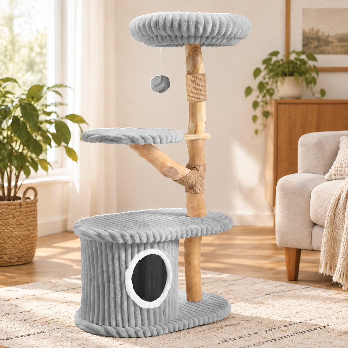 Airfind 41 Inch Tall Modern Cat Tower with Real Wood Branches Scratching Posts for Indoor, Beige, a distinctive shape and rich wood grain