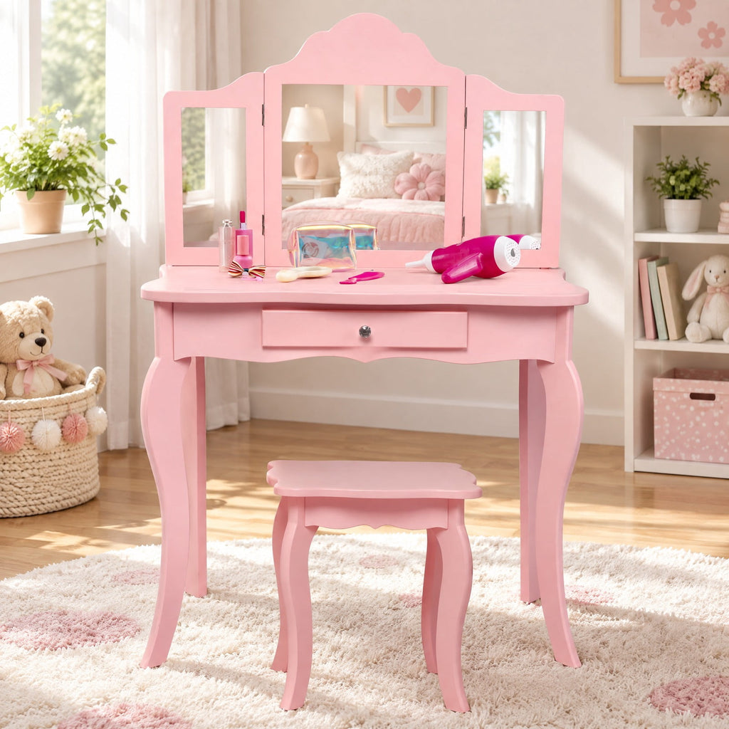 Airfind Kids Makeup Dressing Mirror Vanity Table Stool Set, 33 lbs Capacity, MDF Frame, 27.5 x 13.5 x 41 Footprint, Pink