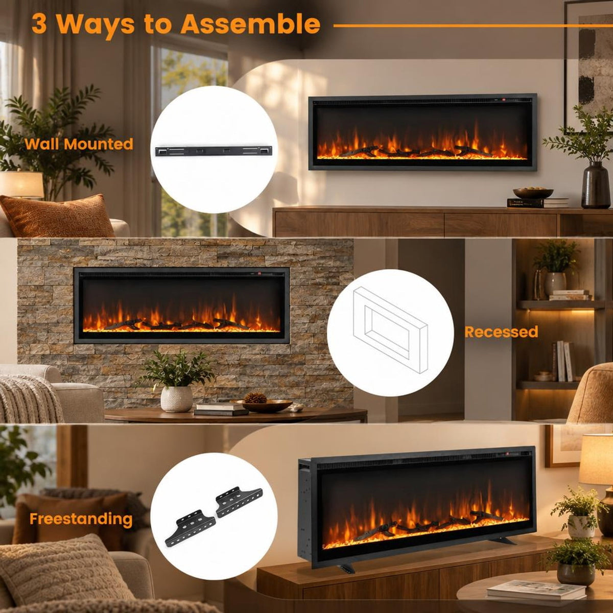Airfind 50 Inches Electric Fireplace In-wall Recessed Featuring Remote Control and Adjustable Color and Brightness-50 Inches, Black
