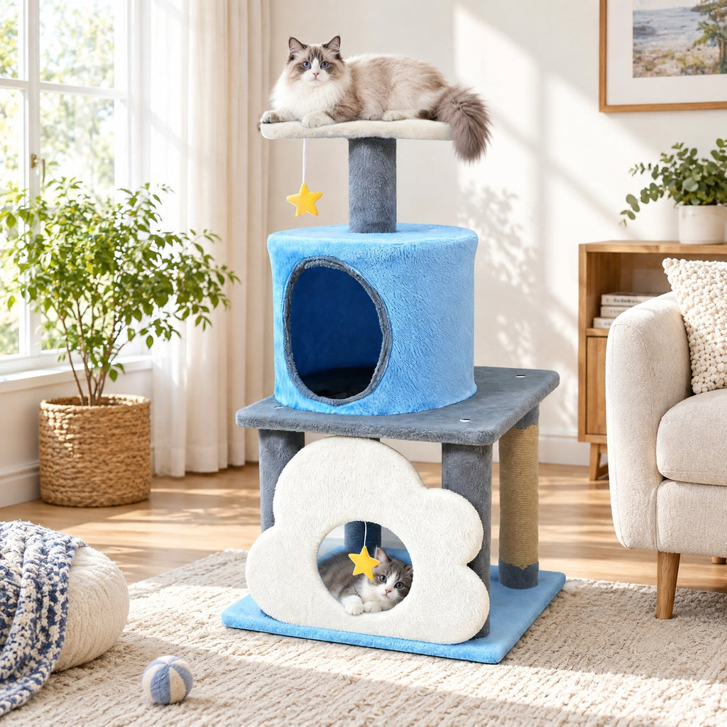 Airfind 31.5 Inch Cute Modern Cat Tree Multi-Level Kitten Tower, Engineered Board Plush Fabric Sponge Jute, 18.5 Inch X 16 Inch X 31.5 Inch Condo, Blue