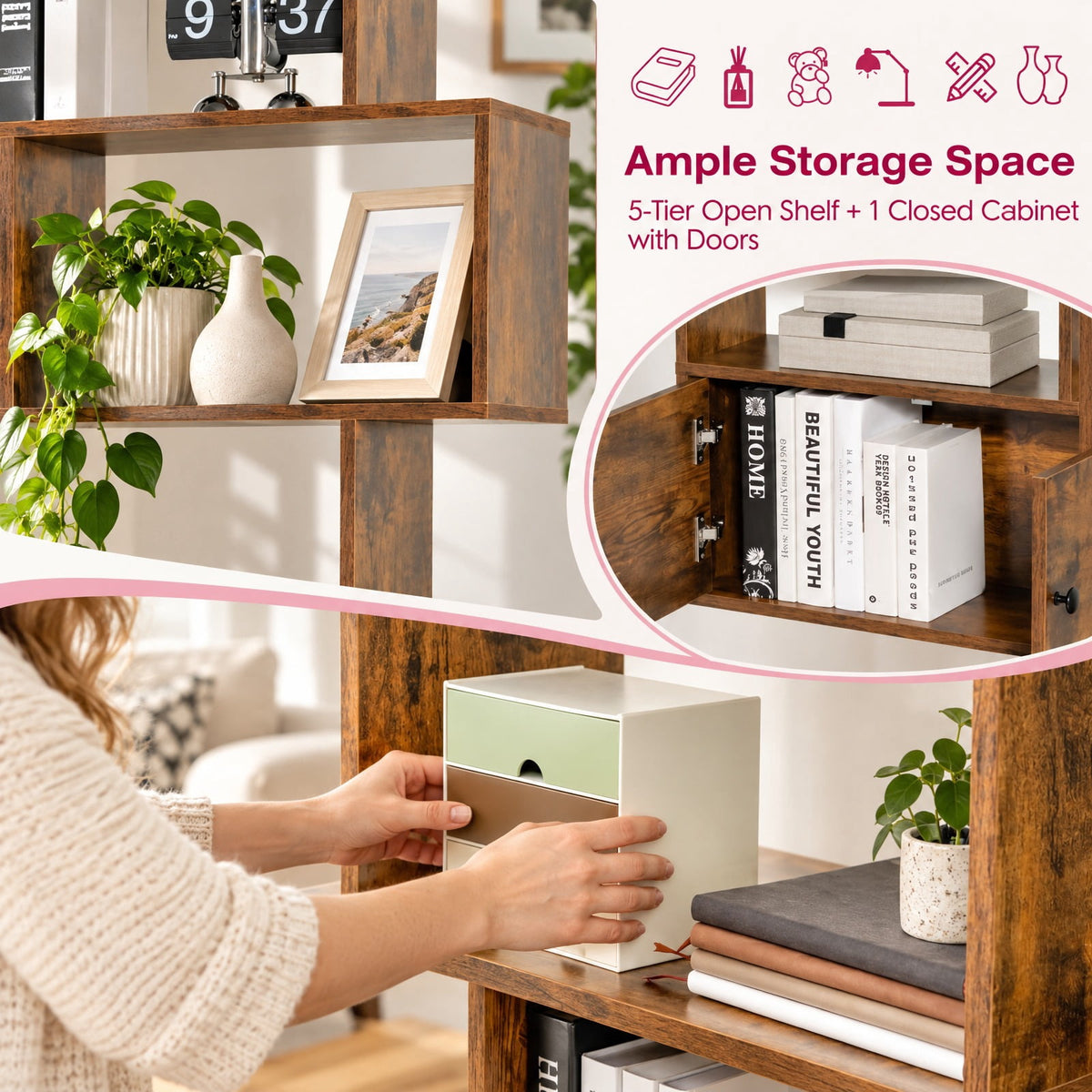 Airfind 6-Tier S-Shaped Freestanding Bookshelf with Cabinet and Doors, Engineered Wood with Engineered Wood and MDF Construction, Coffee